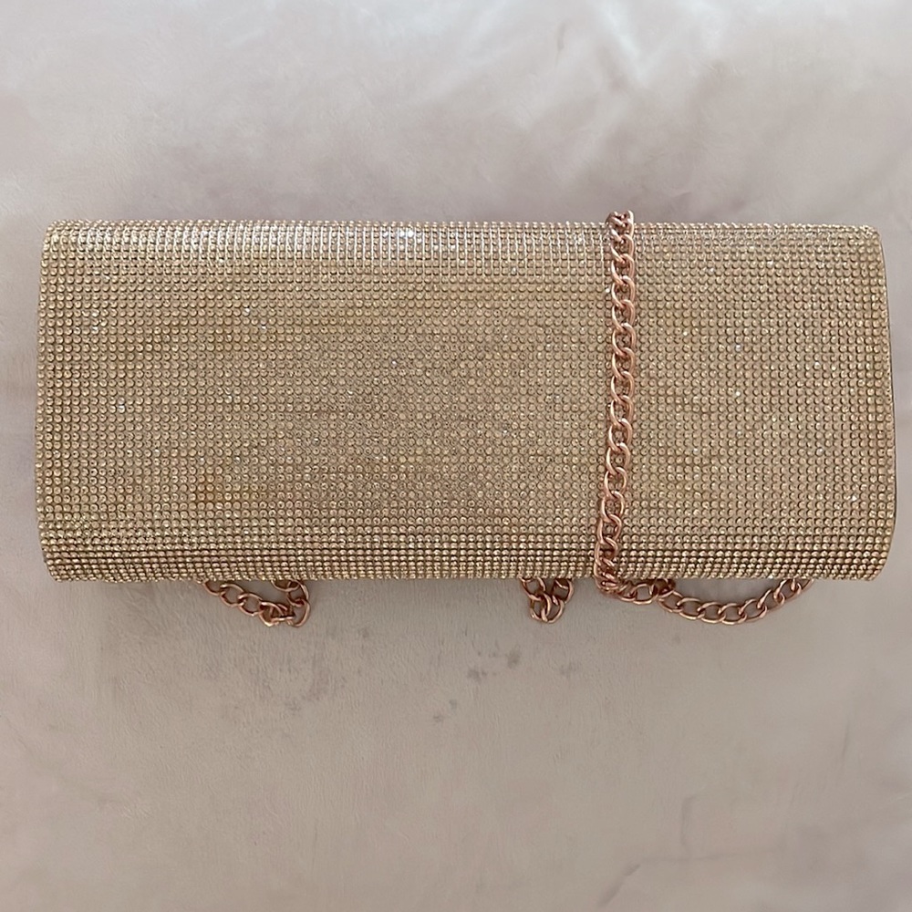 David’s Bridal Rose Gold Metallic Baguette Foldover Crossbody Clutch - Picture 8 of 8